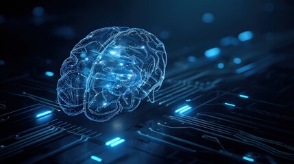 A futuristic representation of a brain, glowing with blue lights, set against a dark, tech-inspired background resembling a circuit board.