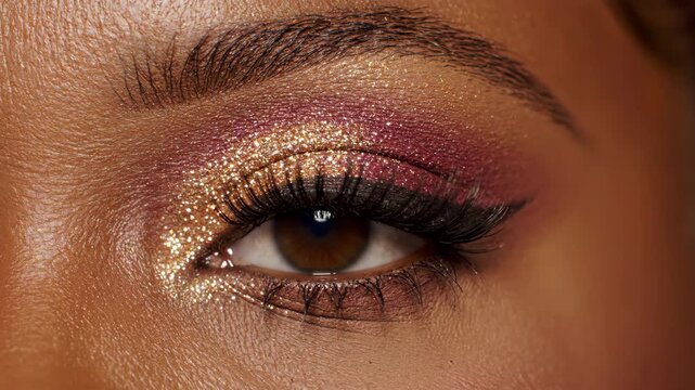 close up of african woman eye with sparkling gold and purple makeup. long black eyelashes extension and groomed eyebrow. luxury cosmetics and beauty salon. party look.