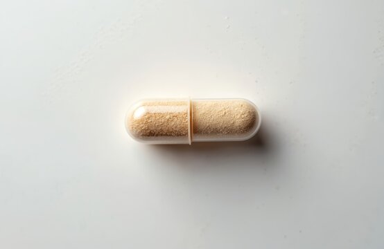 Beige capsule pill on white surface. Medicine tablet represents meds drug. Concept of healthcare, medical treatment, pharmaceuticals. Dietary supplement, vitamin. Antibiotic capsule for disease