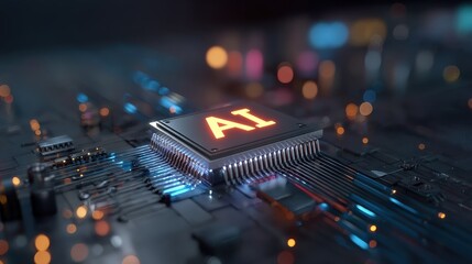 A close-up of a computer chip illuminated with "AI," showcasing intricate circuits and glowing lights, representing advanced technology and artificial intelligence.