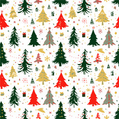 Seamless festive pattern featuring colorful stylized Christmas trees, snowflakes, stars, and gifts on white background, perfect for seasonal wrapping paper, holiday decor, and cheerful design.