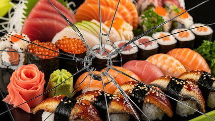 Exquisite Japanese sushi and sashimi platter artfully disrupted by a shattered glass texture.