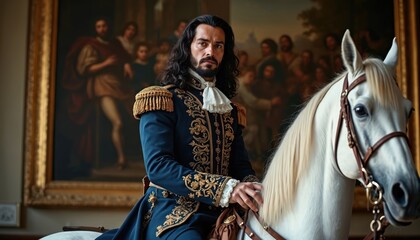 Illustration of nobleman in historical costume on white horse. Richly dressed man with beard poses. He sits near painting. Scene embodies heritage tradition power and royalty.