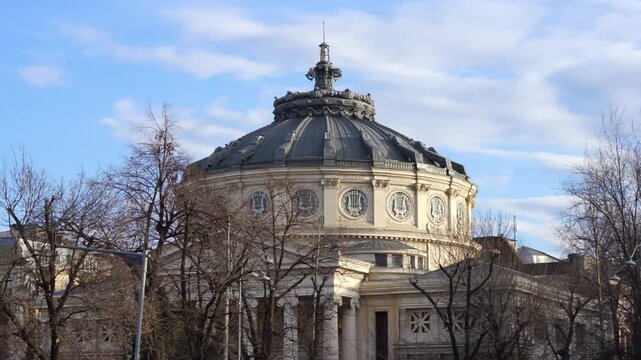 Neoclassical architecture of the Romanian Athenaeum or Ateneul Roman concert hall a major cultural monument in Bucharest Romania