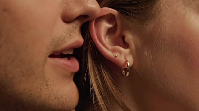 close up of caucasian man whispering secret to woman ear. romantic couple sharing intimate moment against bokeh lights. gossip and communication concept. valentine day.