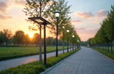 Obraz premium Modern solar street light illuminates park pathway at sunset. Green trees line walkway. Highlights sustainable eco-friendly tech for public spaces. Sun shines brightly on horizon, creating peaceful