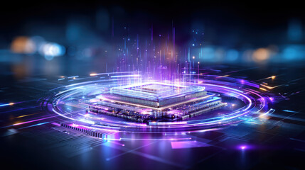 Futuristic quantum processor glowing with purple and blue light, emitting energy and digital particles