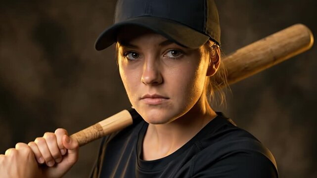 caucasian female softball player holding wooden bat on shoulder. young athlete in blue cap and uniform posing in studio. sport competition concept.