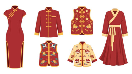 Collection of Traditional Chinese Clothing Featuring Red and Gold Accents, Including Dresses and Vests