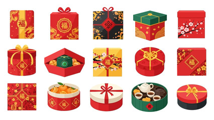 A vibrant assortment of festive Chinese gift boxes, adorned with traditional patterns and symbols of prosperity, perfect for Lunar New Year celebrations and joyful gifting