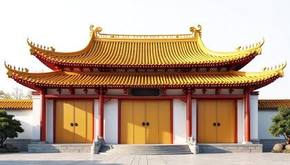 Illustration presents traditional Chinese architecture building with golden roof. Ancient temple structure with red pillars golden doors. Cultural landmark photo for history design project.