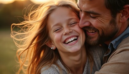 Fototapeta premium A happy father and daughter embrace in outdoor sunlight. The little girl smiles and laughs with the man. Warm moment shows family joy and love.