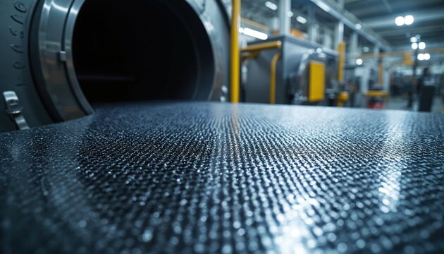 Close up photo of carbon fiber composite material in manufacturing facility. Modern industrial technology includes machinery equipment. Advanced materials are important for future of engineering.