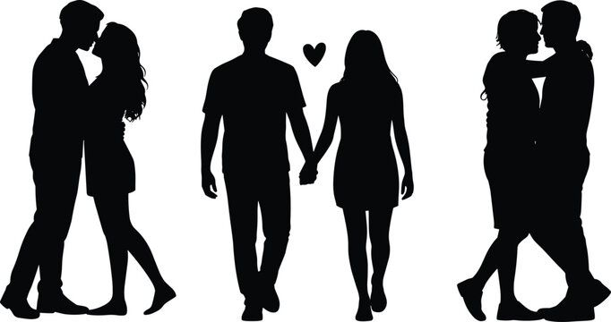 Romantic couple silhouettes in love, man and woman holding hands, hugging and kissing, black and white vector illustration for valentine and relationship concepts