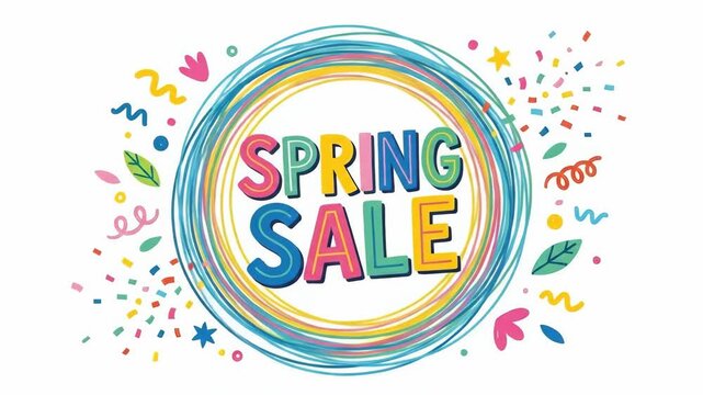 colorful hand-drawn lettering spring sale inside scribbled circle frame. confetti, leaves and stars decoration on white background. seasonal discount promotion. flyer design.