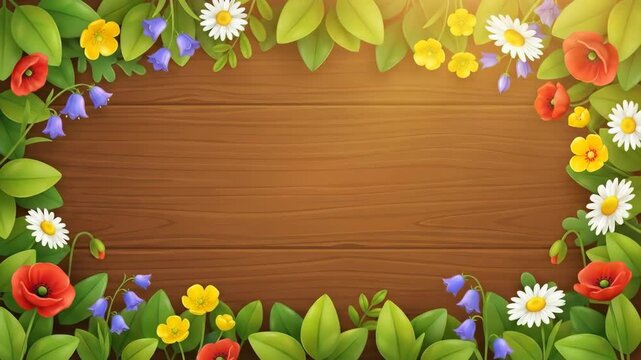 wooden background with frame of spring flowers and green leaves. red poppies, daisies and bluebells. sunny nature concept. greeting card with copy space.