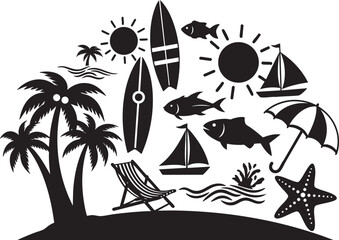 Obraz premium Beach vacation silhouette with surfboards palm trees and sea creatures