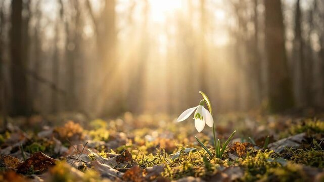 single white snowdrop flower growing on mossy forest floor. golden sunlight beams through trees. spring nature background. renewal concept. greeting card with copy space