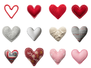 Various decorative hearts in different colors and materials