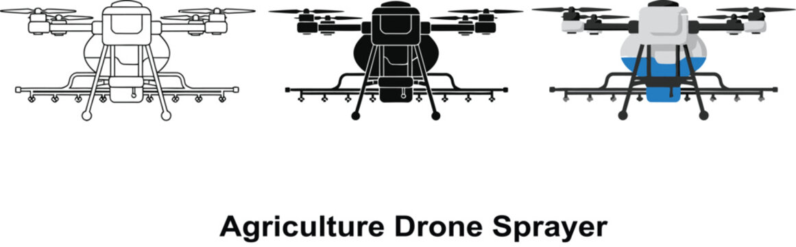 Set of agriculture drone sprayer icons modern vector illustrations for farming technology and precision agriculture concepts isolated on white
