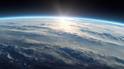 Fototapeta premium Earth atmosphere from space with sunlight reflecting on clouds, creating peaceful and awe inspiring view of planet horizon