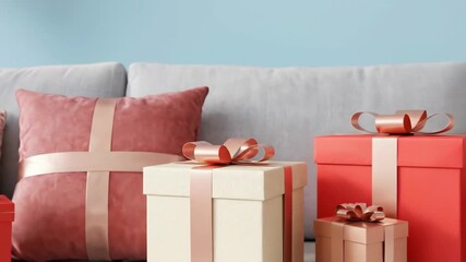 grey sofa with red and rose gold heart balloons against blue wall. many gift boxes with ribbons. st valentine's day celebration interior. romantic holiday greeting card with copyspace. - Powered by Adobe