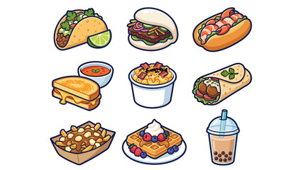 Trendy street food and comfort food vector icon set