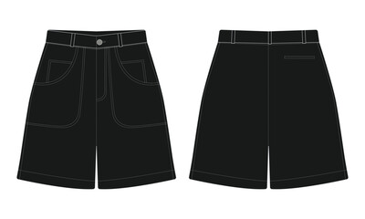 Technical drawing of black shorts front and back view
