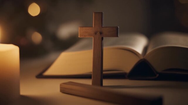 A wooden cross and an open bible with a lit candle in the background, symbolizing faith and spirituality