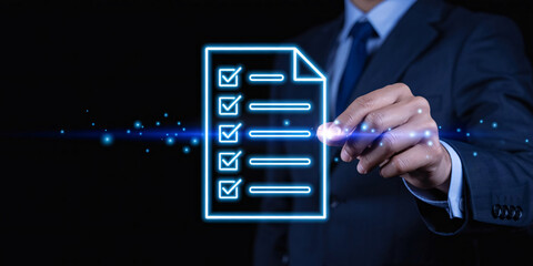 Businessman interacting with digital checklist on futuristic interface