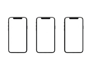 Three empty smartphones in a row isolated on transparent background