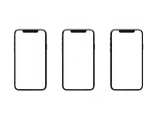 Three empty smartphones in a row isolated on transparent background