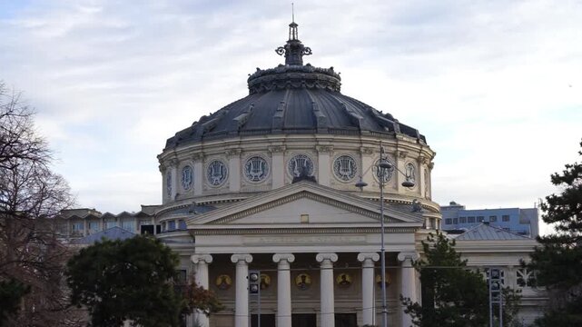 Neoclassical architecture of the Romanian Athenaeum or Ateneul Roman concert hall a major cultural monument in Bucharest Romania