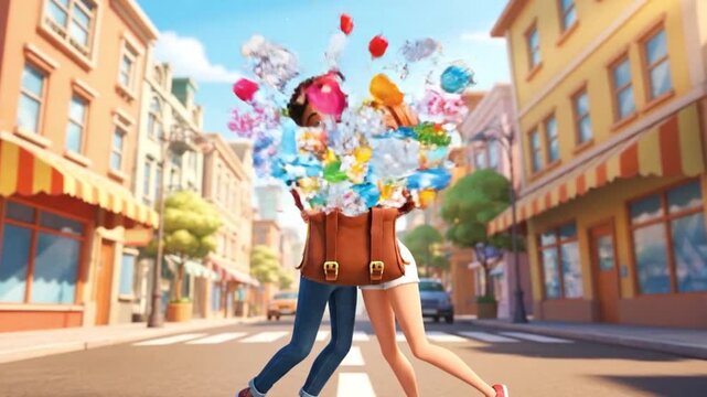 Colorful animated characters hug a bag filled with colorful recycled materials, symbolizing the cartoon condoms being promoted.