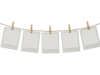 Polaroid photos hanging on a clothesline isolated on transparent background