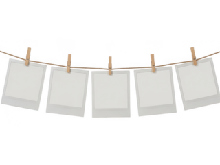 Polaroid photos hanging on a clothesline isolated on transparent background