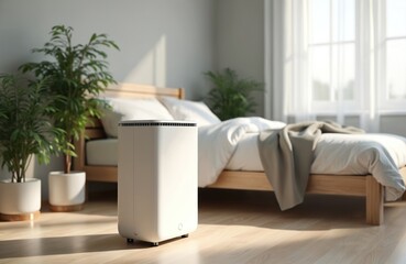 White air purifier sits on a wooden floor in a bright bedroom next to a bed and potted plants. Sunlight streams through large windows creating a serene and clean atmosphere.
