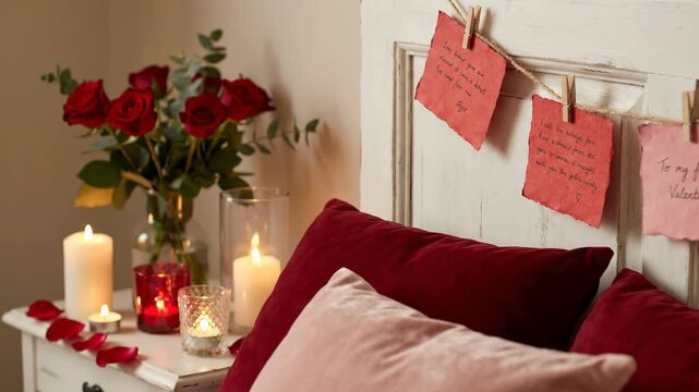 romantic bedroom interior with red velvet pillows and love notes hanging on string. handmade paper letters on white headboard. st valentine's day decor. greeting card