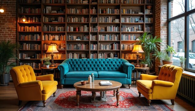 Interior scene with floor to ceiling bookshelves. Teal sofa and yellow armchairs arranged around coffee table. Lamp light illuminates room. Plants add green plants.