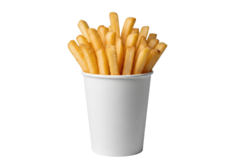 Golden-brown, crispy thick-cut french fries with salt in a transparent paper cup, isolated on transparent with copy space, studio light, concept for fast-food advertising