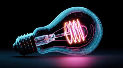Light bulb with neon-like glow and visible filament on black background during dark setting