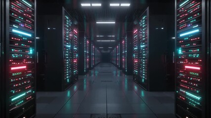 Abstract technology video of server racks with blue LED lights, no logos, shallow depth of field, cinematic lighting, slow motion camera movement - Powered by Adobe