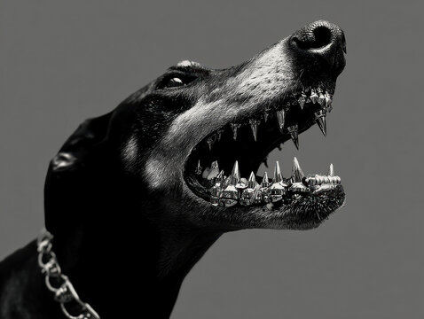 Close-up black and white photograph of a Dobberman dog, mouth open revealing metal teeth, intense expression, dramatic style, high contrast, sharp focus, gray gradient background - AI-Generated