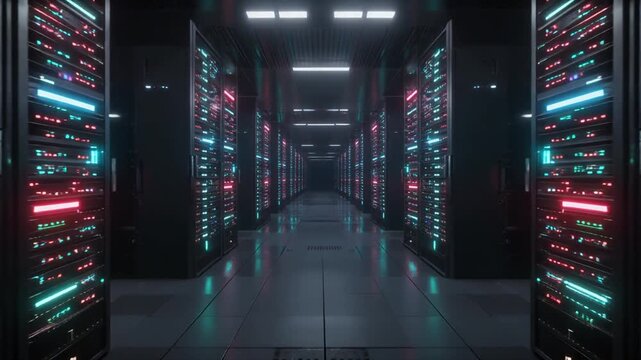 Abstract technology video of server racks with blue LED lights, no logos, shallow depth of field, cinematic lighting, slow motion camera movement