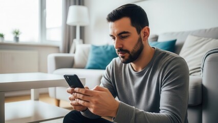 Young man engrossed in his smartphone while seated on a sofa