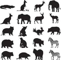 Collection of Black Animal Silhouettes Featuring African Wildlife and Forest Creatures vector illustration