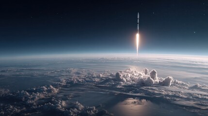 Rocket launches into space from Earth’s atmosphere over clouds at evening