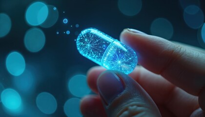 Hand holding futuristic digital pill with glowing network inside. Healthcare innovation concept. Medicine tech. Artificial intelligence in medical research. New medical tech and drugs.