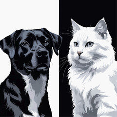 Black dog and white cat illustrated on contrasting backgrounds  
