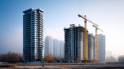 Obraz premium Modern high rise buildings under construction with cranes in urban area during foggy morning, showcasing architectural development and city growth